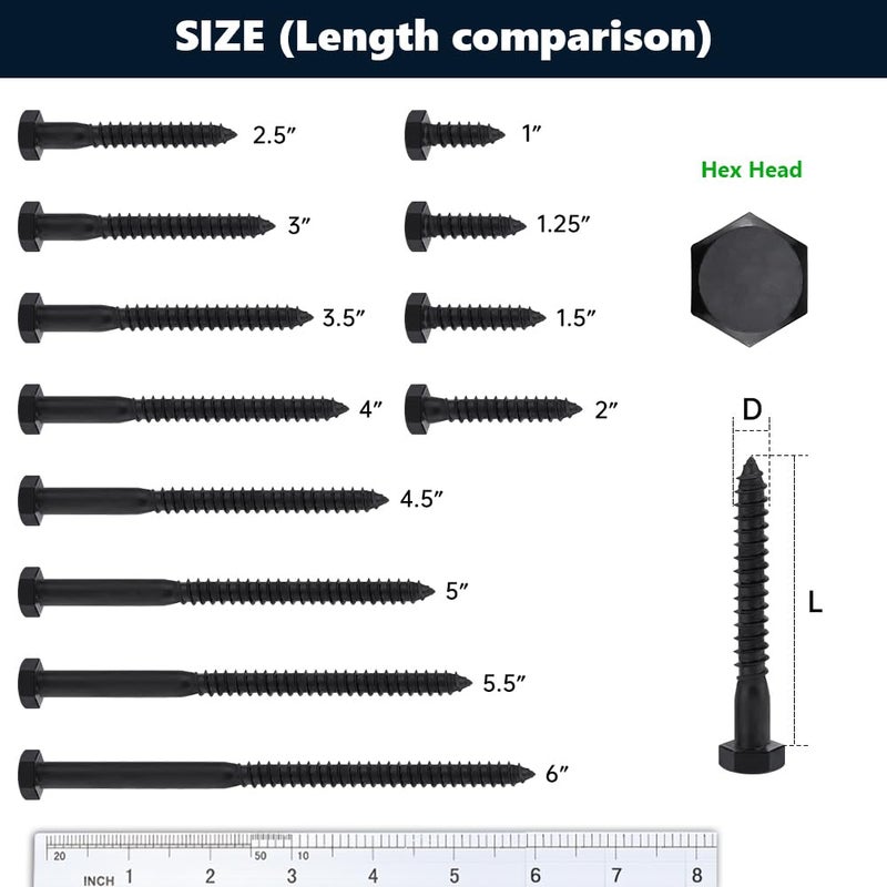RoyceMart 10-Sets 3/8 x 2 Black Hex Head Lag Screws & Flat Washers, Heavy Duty Wood Lag Screws, 304 Stainless Steel (18-8), 3/8" Bolt - Image 5